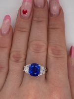 Cushion Blue Sapphire Gemstone Lab Grown Diamond Gold Ring - Image 4