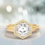 Hexagonal Cut Engagement Halo Lab Grown Diamond Gold Ring
