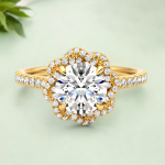 Flower Round Cut Solitaire with Accents Lab Grown Diamond Gold Ring
