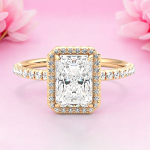 Women Wedding Radiant Cut Halo Lab Grown Diamond Gold Ring - Image 7